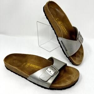 Birkenstock Women 38 US 7 Madrid Silver Leather Sandal Comfort slip on walk Flat
